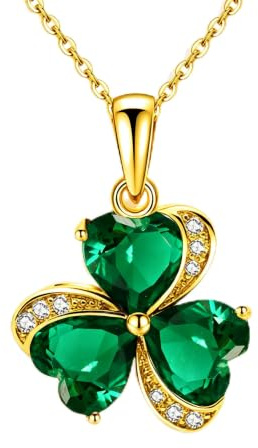 VONSSY Damenkette Edelstein Klee Anhänger Halskette | Smaragdgrüne irische Kleeblatt Geburtsstein Halskette | Weißgold Silber Schmuck Geschenk für Frau Tochter Mutter Freundin