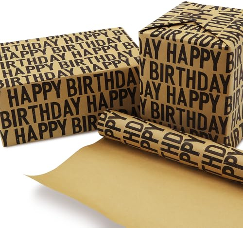 Geburtstags-Geschenkpapierrolle für Jungen Mädchen Kinder Männer Frauen, Kraft Schwarz Happy Birthday Geschenkpapier, 43 x 300 cm pro Rolle, Geschenkpapier für Geburtstag, Feiertag, Party, Babyparty