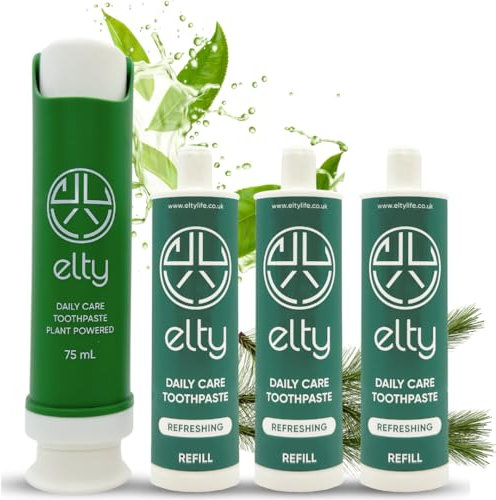 Elty™ Daily Care Toothpaste Pack,No Fluoride. Dentist codesigned.Fresh Breath,Teeth Whitening. Remineralizing with Hydroxyapatite.Natural 75ml UK Made, Reusable Pump+3 Refills, 225ml