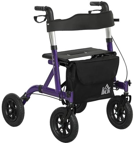 HOMCOM Folding Rollator Walker with Seat, Backrest, Lightweight Walking Frame with Storage Bag, Dual Brakes, All-Terrain Wheels, Adjustable Handle Height, 4 Wheeled Walker for Seniors, Purple