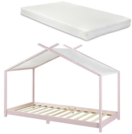 [en.casa] Kinderbett Brome mit Matratze Hausbett 90 x 200 cm Jugendbett Bettenhaus Spielbett mit Lattenrost und Abnehmbarem Stoffdach Montessori Bett aus massiver Kiefer Bettgestell Holz Rosa