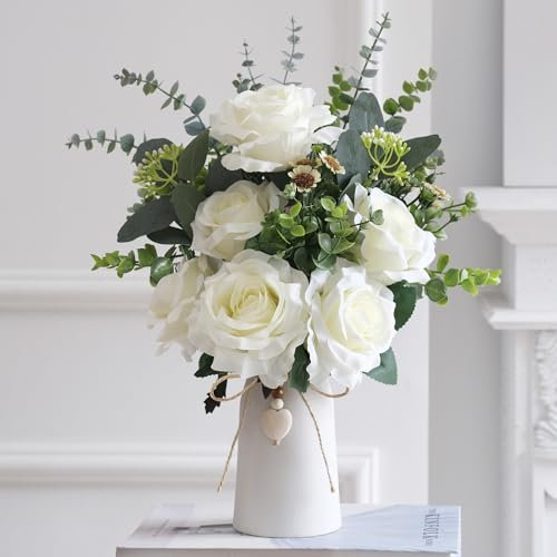 Artificial Rose Flower Arrangements in Ceramic Vase, 16 Faux Dahlia Flowers with Eucalyptus Stems and Decorative Leaves, Vase with Jute Rope & Heart Charm, Table Centerpiece for Farmhouse Décor