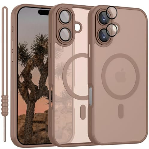 YUANDMI Coque Magnétique pour iPhone 16 Coque avec MagSafe Coque pour iPhone 16 Translucide Mat Case Ultra-Smince Silicone Anti-dérapant Résistant aux rayures Marron