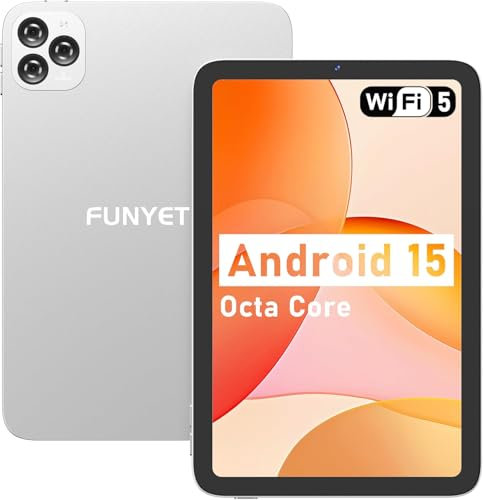 FUNYET Tablet Android 15, 10 Pollici IPS, 8 GB RAM+128GB ROM(1TB TF) Octa-Core, 6000mAh Tablets con Widevine L1/5G WiFi/Bluetooth 5.0/Tipo-C/GPS/Doppio Altoparlante (Argento)