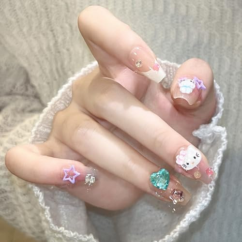 Press On Nails Long - 30pcs French Tip False Nails - Cute Hello Kitty Nails With Star - Coffin Square Fake nails With Glue - Glossy Cute Style Glue On Stick On nails For Women Girls