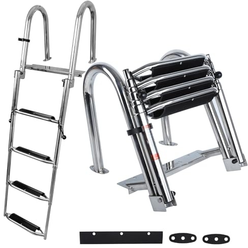 Pontoon Boat Ladder,Polished 316 Stainless Steel 4 Step Telescoping Ladder,600LBS Capacity for Sailboats,Ships,Most Swimming Pools,Docks,pontoons.