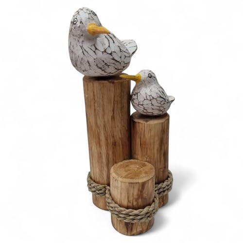 Holz Schnitzerei Möwen auf Dalbe – Maritime Holz Dekoration mit Vögeln & Seil | Handgeschnitzt aus Massivholz | ca. 32×15×15 cm | Küsten Deko im Bali-Stil
