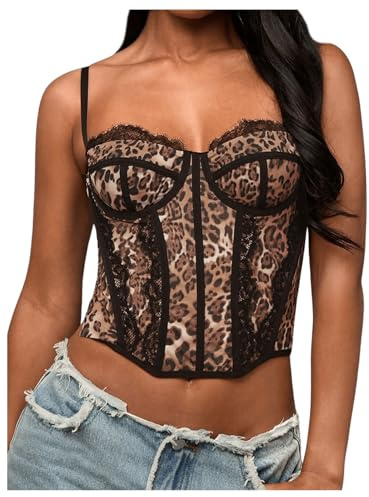 GORGLITTER Women's Leopard Print Lace Corset Tops Asymmetrical Bustier Crop Corsets Camisole Clubwear Brown Medium