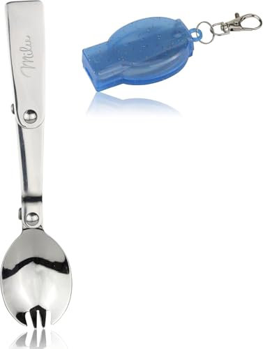 Milu Klappbarer Göffel – 2in1 Löffel & Gabel aus Edelstahl – Reisebesteck inkl. Etui als Anhänger – Passend für Thermobehälter – Ideal für Unterwegs, Camping & Schule