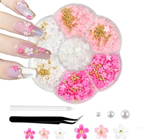 jatimdotin Nail Charms, 3D Blumen Nagel Zubehör, Nail Art Bogen Charms, Gemischter Stil Nagel Zubehör, Nail Gems mit Weißen Halbperlen (Rosenrot)