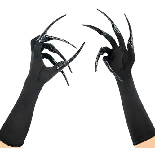 MZinge Long Finger Claw Gloves Black paw gloves, scary vampire witch demon crow Halloween Cat nail rings Cosplay costume accessories For women、men costume (gloves & 10pcs claws)
