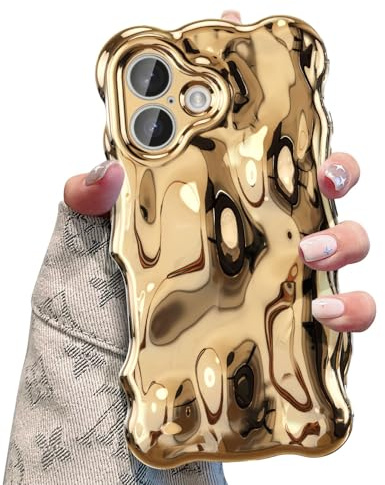 UEEBAI Case for iPhone 17, Cute Solid Color Curly Wave Shape Shockproof Soft TPU Bumper Phone Cover, Candy Water Ripple 3D Silicone Slim Pretty Case Non-yellowing Cover-Gold