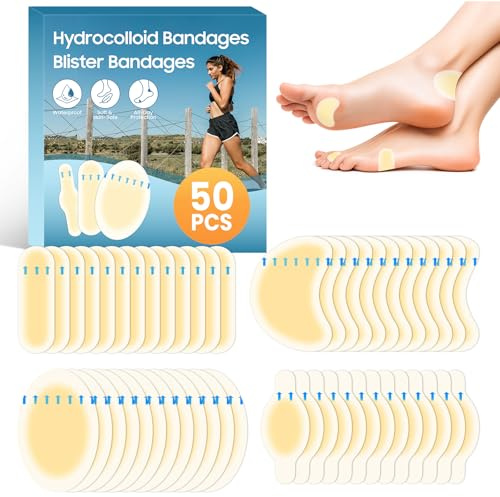 Blister Bandages for Feet Waterproof, 50PCS Hydrocolloid Blister Pads for Heel, Toe, Side Foot & Ball of Foot, Gel Blister Cushions for Prevention & Recovery, Assorted Shapes Variety Pack
