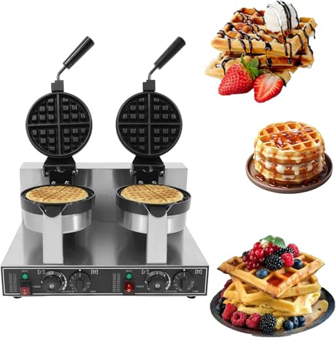 Sunseota Rotating Double Head Waffle Maker, 2400W Commercial Waffle Iron, 7.9” Removable Plates, 0-5 Min Timer, 201 Stainless Steel, 110V/220V – Great for Cafés, Canteens & Domestic Kitchens​