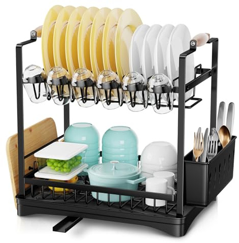Escurridor de Platos de Doble Capa con Bandeja de Goteo, Escurreplatos de Gran Capacidad con Soporte para Tazas, Utensilios y Tablas de Cortar, Ahorra Espacio en La Encimera de La Cocina