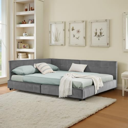 EMKK Polsterbett Schlafsofa 140x200 cm, Tagesbett mit Lattenrost, Jugendbett Couchbett, L-förmiges Eckbettgestell, Eukalyptus, Ohne Matratze (Grau, 140x200cm)