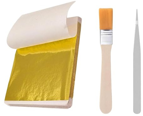 100 Sheets Premium Gold Leaf Kit - Gold Leaf for Cakes Gold Foil Sheets with Brush & Tweezer for Gilding, Crafts, Furniture Decor and DIY Projects