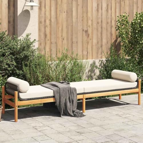 IBUQDDV Gartenbank mit Kissen Schwarz Poly Rattan Akazie Gestell aus Stahl und Holz, Bequeme Outdoor Sitzbank mit Abnehmbarem Bezug, Wetterfeste PE Rattan Gartenmöbel für Terrasse