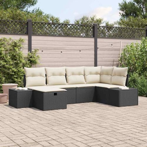 Tonture Gartensofa-Set, 6-teilig, Schwarz, Poly-Rattan, modular, UV-beständig, wetterfest, für Terrasse, Balkon, Garten, inklusive Kissen und wasserdichtem Beutel