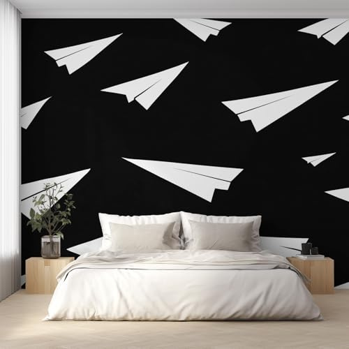 Wall Mural Paper Airplane Wallpaper - Modern Black White Paper Plane Photo Wallpaper for Living Room Bedroom, Non-Woven Black White Wall Paper Home Decor Art 500x350 cm w6g29