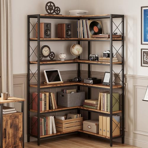 IRONCK Bücherregal, 6-stöckiges L-förmiges Eckbuchregal mit verstellbaren Füßen, Industrielles Eckregal für Wohnzimmer, Schlafzimmer, Home Office, Rustik Braun, 80×80×167cm
