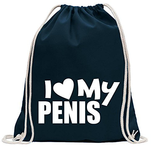 Kiwistar - Turnbeutel - dunkelblau - I Love my Penis - Fun Rucksack Sport Beutel Gymsack Baumwolle mit Ziehgurt