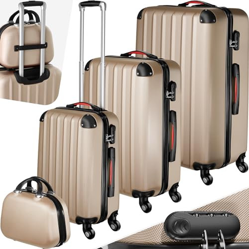 tectake 4-teilige Reisekoffer - Kofferset mit abnehmbaren Rollen 360°, robuste Hartschalenkoffer mit TSA Zahlenschloss, Koffer groß und ineinander stapelbar, Trolley Handgepäck - Champagner