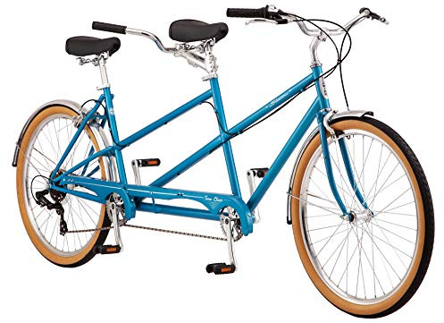 Schwinn Twinn Classic Tandem Adult Beach Cruiser Bike, Double Seater, Low Step Steel Frame, 7-Speed, 650c Urban Tires, Alloy Caliper Brakes, Medium Frame, Blue
