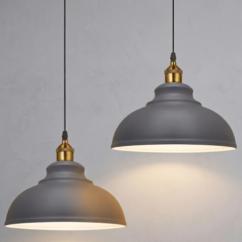 2 Pack Industrial Grey Metal Pendant Light 29cm E27 Ceiling Hanging Lamp | Industrial grey metal dome | 2 pack pendant lights | E27 fitting | Ideal for kitchen island, dining room, café & living room