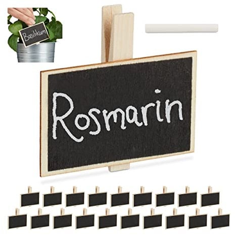 Relaxdays Pack 20 Letreros para Plantas, Etiquetas con Pinzas Huerto, Reutilizables, Incl. Tiza, Madera, Natural y Negro, 7 x 7,5 x 1,5 cm