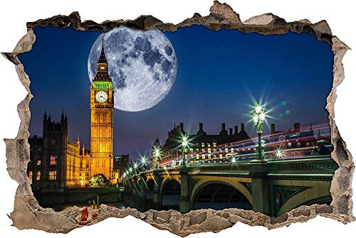 Wandtattoo berühmter Big Ben vor einem gigantischen Mond Wandsticker Wandaufkleber 3D-Effekt Durchbruch für Babyzimmer Kinderzimmer 70x110cm