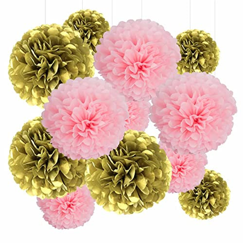 GAKA FAVOR 12er Seidenpapier Pompons Set,Gold un Rosa Tissue Hängedekoration Papier Pompoms Deko für Hochzeit,Taufe,Geburtstag,Kommunion,Nationalfeiertag Party Deko