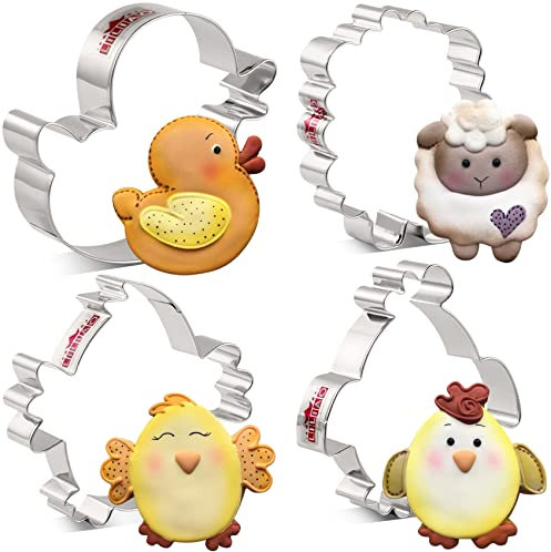 LILIAO Animal Cookie Cutter Set Kids, 4 PC, Sheep, Rooster, Chick and Duck Biscuit Bread Sandwich Cutters, Stainless Steel