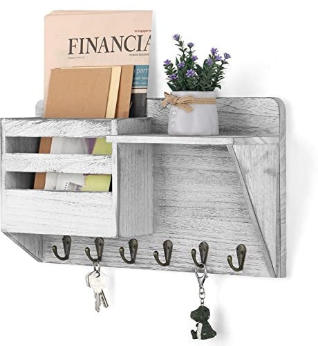 Shinoske Porte clef mural, Crochet à clé mural en bois avec étagère, vintage range porte-courriers mural avec 6 crochets pour clés, lettres, journaux - blanc gris