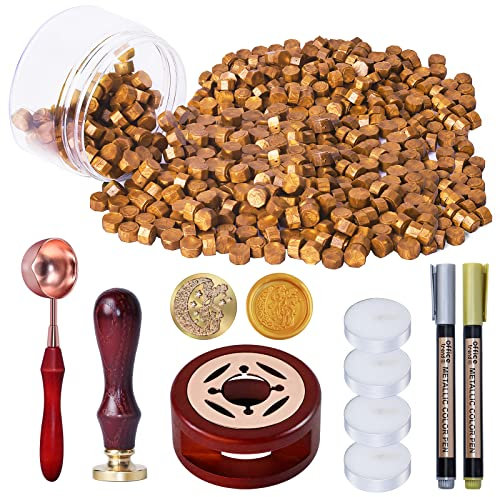 WEWINK PLUS 250 PCS Gold Wax Seal Stamp Kit with Wax Seal Warmer, Spoon, Tea Candles, Metallic Pen for Stamps, Gifts, Invitations, Envelopes, Crafts