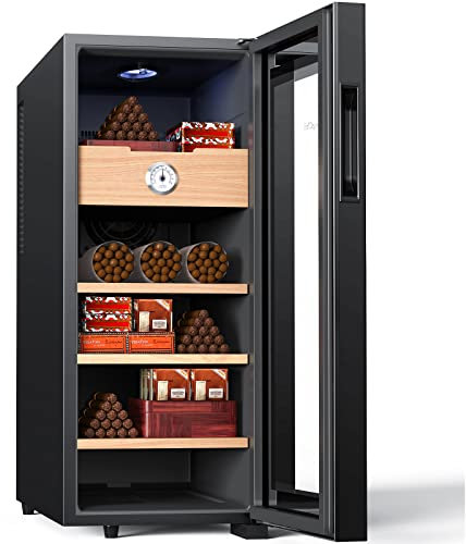 KingChii 33L Electric Cigar Humidors, Temperature Control Cabinet with Spanish Cedar Wood Shelves & Drawer Hygrometer Gifts for Men (250 Counts Capacity)