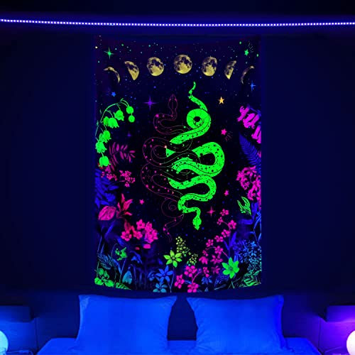 VEIGIKE Schwarzlicht-Hexenschlange, Wandteppich, UV-reaktiv, cooles Trippy-Hippie-Schwarzlicht-Kunstposter für Männer und Jungen, Zimmer, Schlafzimmer, leuchtet im Dunkeln, Decke, Party-Dekoration