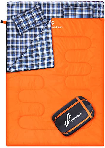 Schlafsack Winter Winterschlafsack Outdoor: Sportneer Schlafsäcke 2 Personen Doppelschlafsack 220x150cm, 2.75kg mit 2 Kissen, Vier Doppel Zippern, Erwachsene Deckenschlafsack für Familie, Orange