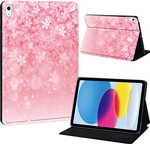 Printed iPad 10th Gen Case, Slim Hard Back Cover with Smart Stand - 10.9 (Full Pink Flower)