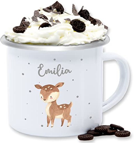 Emaille Tasse Blechtasse - Süßes Reh mit Namen personalisiert I - 300 ml - Weiß Silber - tiere rehkitz name becher tier waldtiere tassen tieren tiermotiv blechtassen