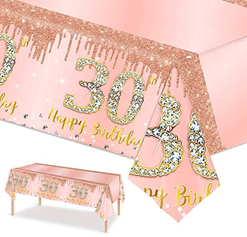Rotgoldfarben Tischdecke zum 30. Geburtstag Roségold Tischdeko Geburtstag für Frauen,137 * 274cm Rechteck Wasserdicht Tischdecke für Alles Gute 30. Geburtstag Party Deko