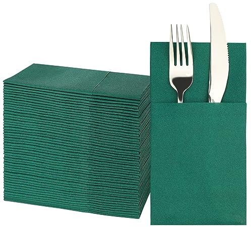 JEBBLAS Dinner Napkins with Built-in Flatware Pocket, Cloth Like Napkins, Linen-Feel Disposable Hand Napkins for Kitchen, Bathroom, Parties, Weddings, Dinners or Events, 16x16inches, Pack of 50, Green