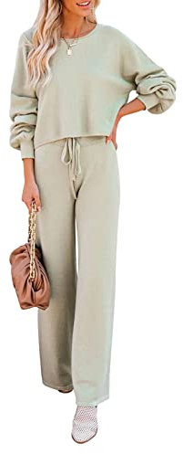 Sovoyontee Damen Langarm Kurz Top Sweatsuit Trainingsanzug Strick Pullover Loungewear Weitem Hose 2-Teiliges Set Grün M