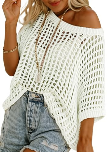 Dokotoo Womens 2026 Summer Crochet Hollow Out Short Sleeve Sweaters Tops Spring Off Shoulder Pullover Shirt Lightweight Knit Sweater Blouse Off The Shoulder Tops for Women White X-Large