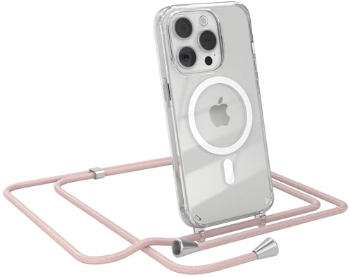 EAZY CASE - Handykette kompatibel mit iPhone 15 Pro Kette zum Umhängen Stoßfest Handyhülle für iPhone 15 Pro Silikon Hülle mit Band Handytasche Transparent als Fallschutz in Rosé-Gold
