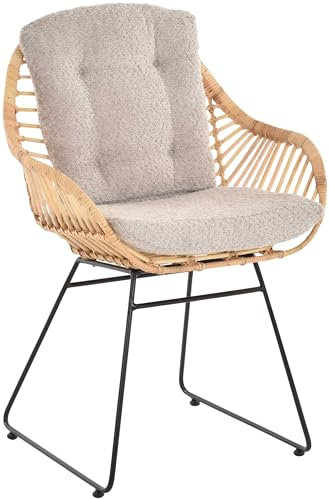 Korb-Sessel Retro-Stil Rattan Club-Sessel 50er Eisen-Gestell Korbstuhl mit Armlehne (Natur mit Kissenset)