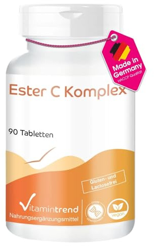 Vitamintrend Ester C Komplex 500mg Tagesbedarf, 90 Tabletten, mit Vitamin C, Hagebutten-Extrakt, Acerola und Rutin, Nahrungsergänzungsmittel vegan ohne Magnesiumstearat, in Deutschland hergestellt