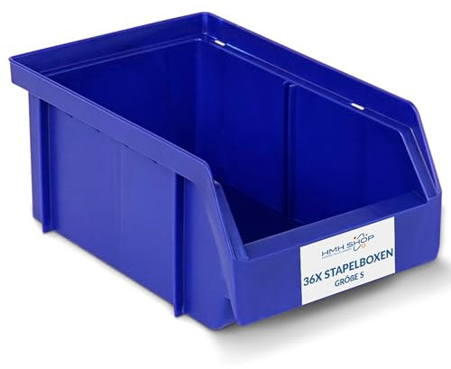 HMH Stapelboxen der Größe S 161x105x75mm für dein Kleinteilelager Sichtlagerkästen in 5 Farben Zubehör wie Deckel Trennsteg Etikett Wandschiene Sortierkisten (Blau, 36 Stück)