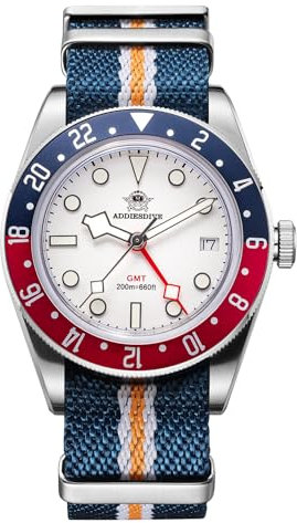ADDIESDIVE GMT 24H Herren-Armbanduhr Analog Quarz Edelstahl Wird mit Nylonband geliefert AD2044 White