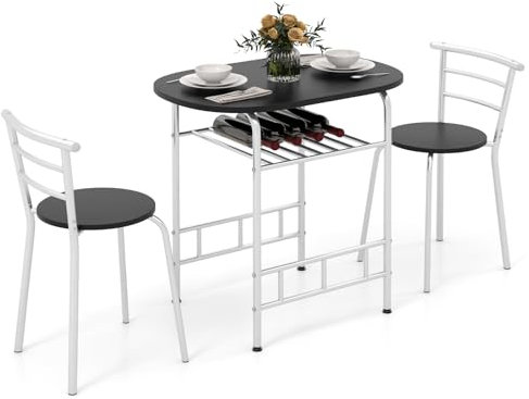 COSTWAY Juego de Comedor de 3 Piezas, Conjunto Mesa y 2 Sillas Cocina para Ahorrar Espacio, Conjuntos de Mueble de 3 Piezas de Madera y Metal con Vino Estante, Respaldos Curvo (Plateado y Negro)